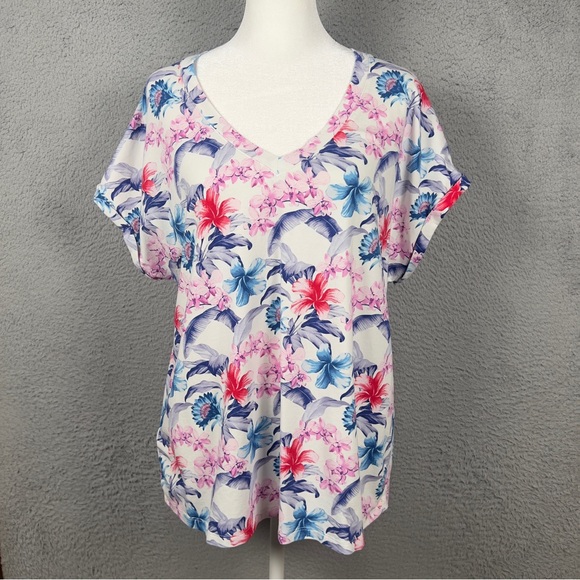 Tommy Bahama Tops - Tommy Bahama Top Womens Medium White Floral V Neck Short Sleeve Tropical Preppy